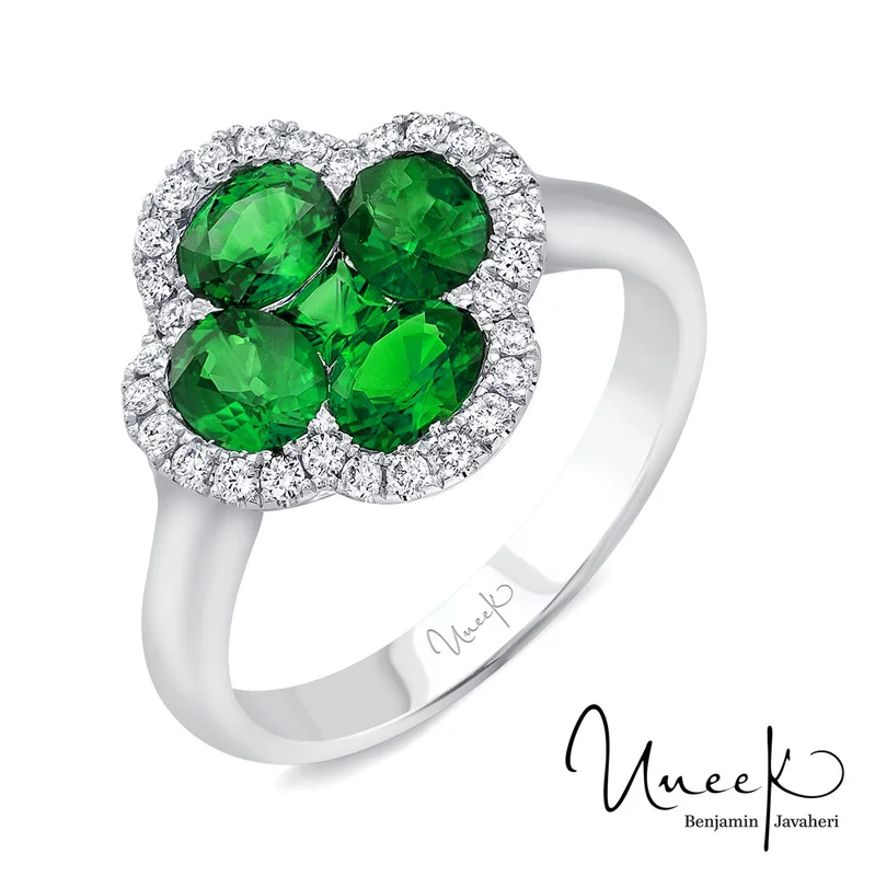 1.30CT CUS/OV EM/ 18KWG BR 0.25CTW DIA FLOWER RING