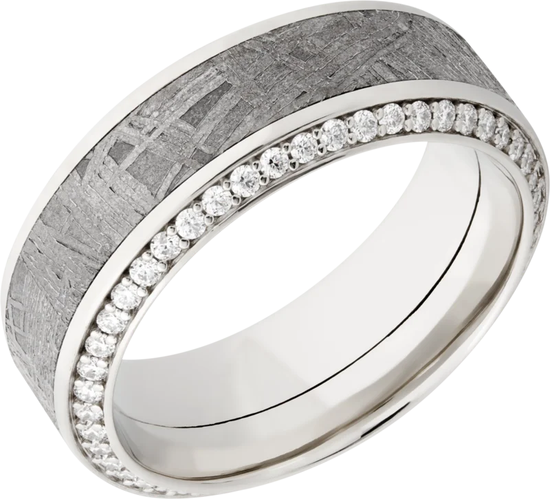 14k White gold 8.5mm high beveled edge band with on inlay that is 4.5mm wide of meteorite. With 1.3