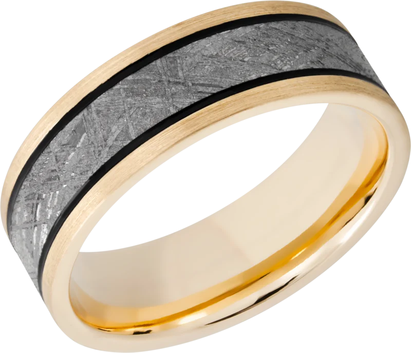 14k Yellow gold 7mm domed band with one inlay that is 5mm wide of the meteorite. SATIN