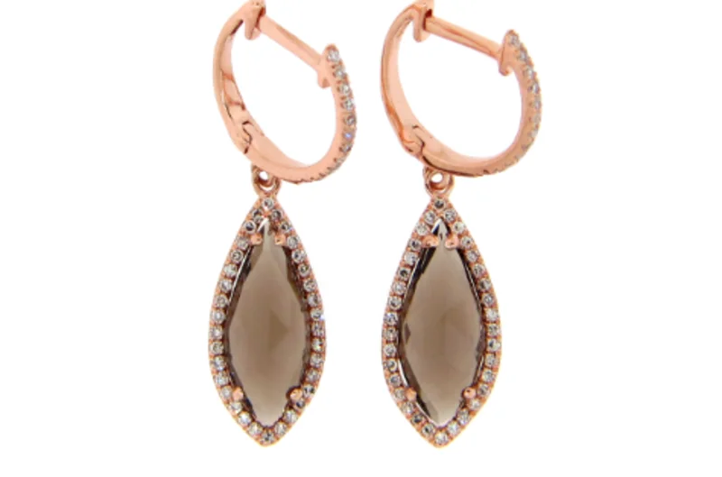 14KRG 0.24CTW BR DIA 2.59CTW SMOKEY QUARTZ MARQUISE HALO DANGLE EARRING