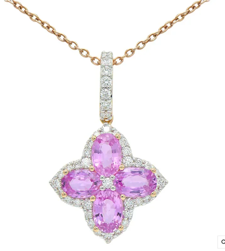 14KRG 2.30CTW PNK SAPPHIRE AND 0.42CTW BR DIA FLOWER HALO PENDANT