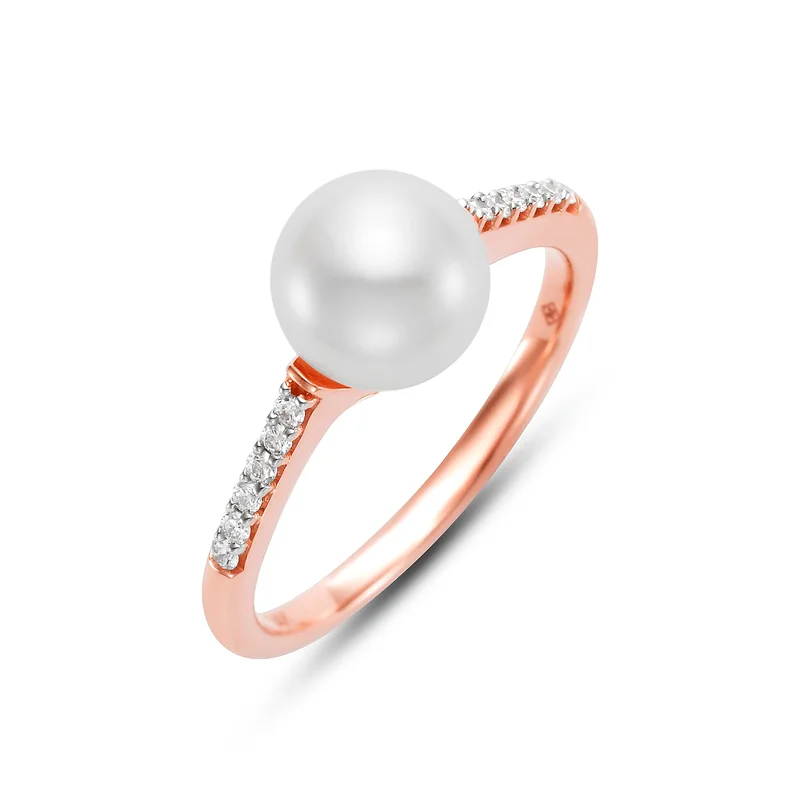 14KRG 7.5-8MM CULT PEARL W/ BR 0.10CTW DIA RING.