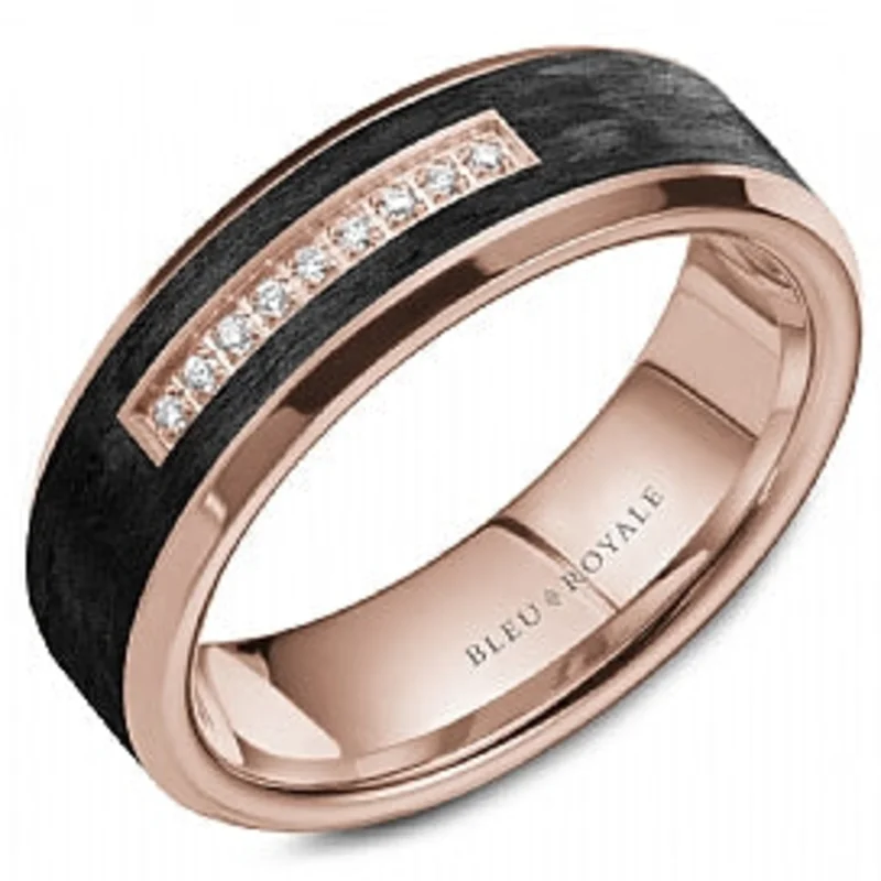 14KRG & BLK CARBON BR 0.07CTW DIA ACCENT SANDPAPER & HP WEDDING BAND. 7MM WIDE 9=0.07