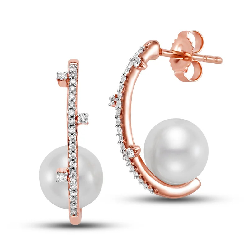 14KRG BR 0.15CT DIA/  7.5-8MM FRESH WATER PEARL SCATTERED DIA HOOP EARRINGS