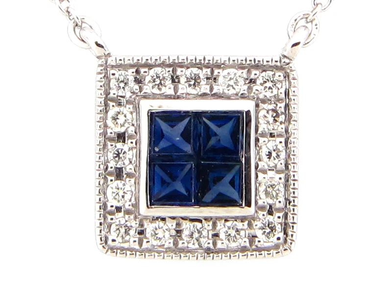 14KWG 0.24CTW BLUE SAPPHIRE AND 0.08CTW BR DIA HALO MILGRAIN PENDANT NECKLACE
