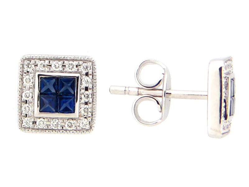 14KWG 0.46CTW BLUE SAPPHIRE ABD 0.16CTW BR DIA HALO MILGRAIN EARRINGS