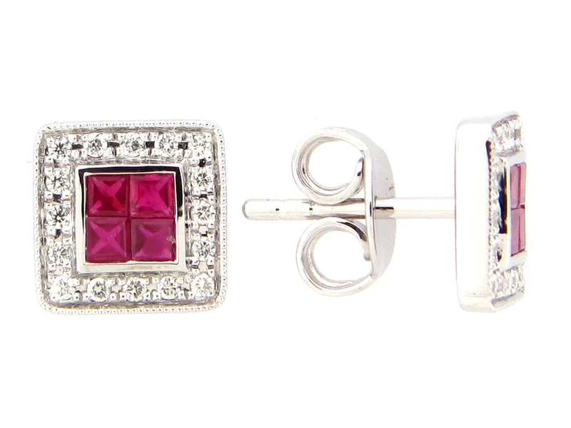 14KWG 0.46CTW RUBY AND 0.16CTW BR DIA HALO MILGRAIN EARRINGS