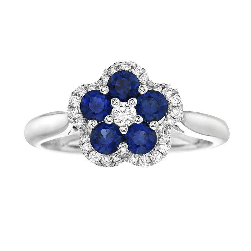 14KWG 0.75CTW BLUE SAPPHIRE AND 0.19CTW BR DIA FLOWER HALO RING