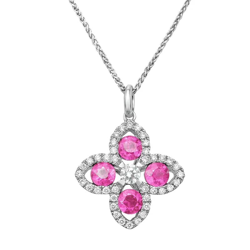 14KWG 0.81CTW PNK SAPPHIRE AND 0.07CTW BR DIA FLOWER HALO PENDANT