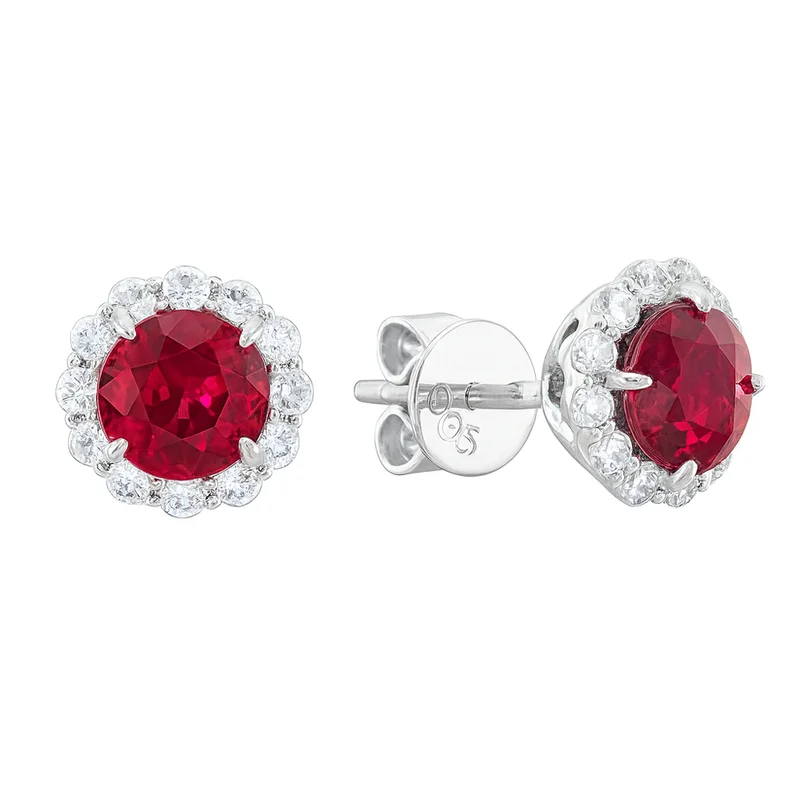 14KWG 0.94CTW RUBY AND 0.44CTW BR DIA HALO EARRINGS