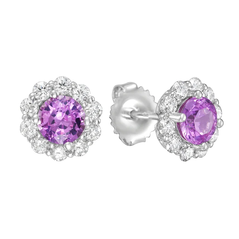 14KWG 1.65CTW PNK SAPPHIRE AND 1.65CTW BR DIA FLOWER HALO EARRINGS