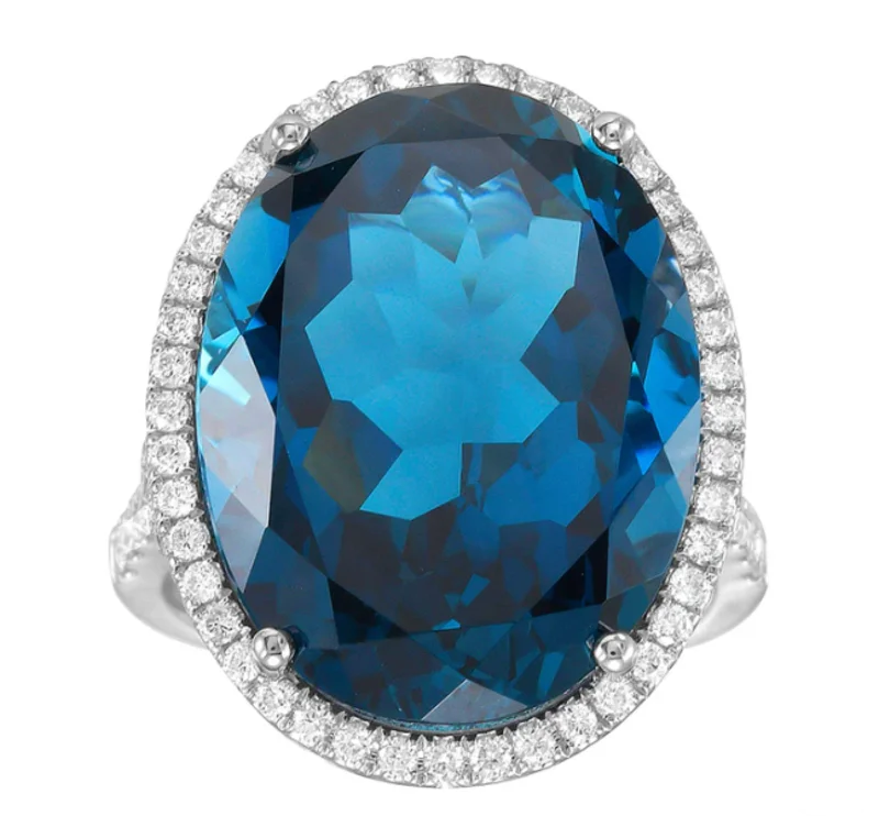 14KWG 22.55CTW LONDON BLUE TOPAZ AND 0.59CTWBR DIA HALO W SPLIT DIA SHANK RING