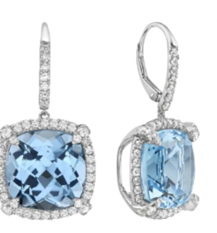 14KWG 28.36CTW SKY BLUE TOPAZ AND 1.67CTW BR DIA HALO DANGLE EARRINGS