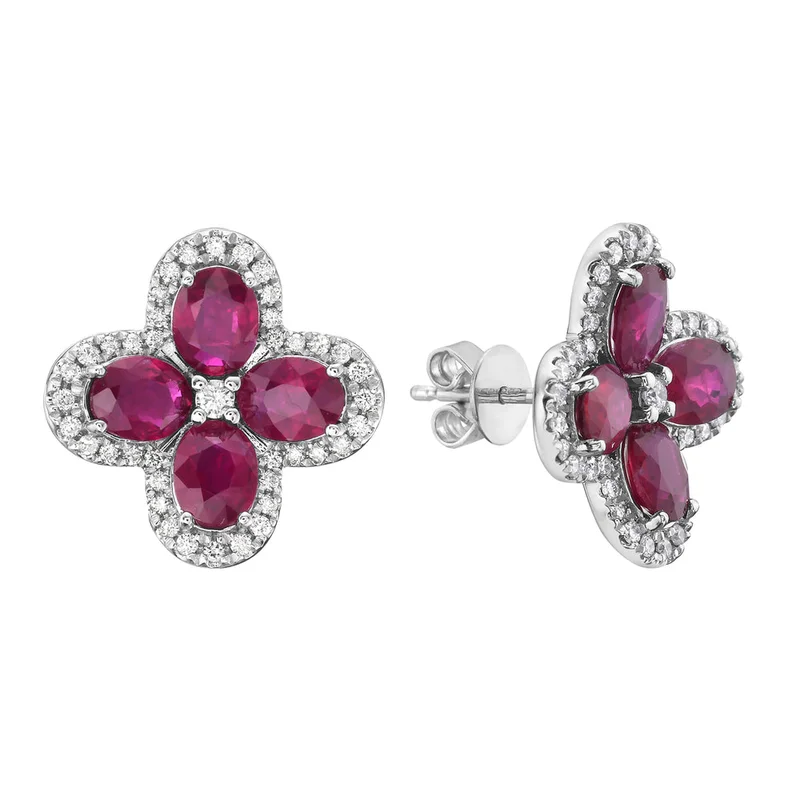 14KWG 3.21CTW RUBY AND 0.34CTW BR DIA FLOWER HALO EARRINGS