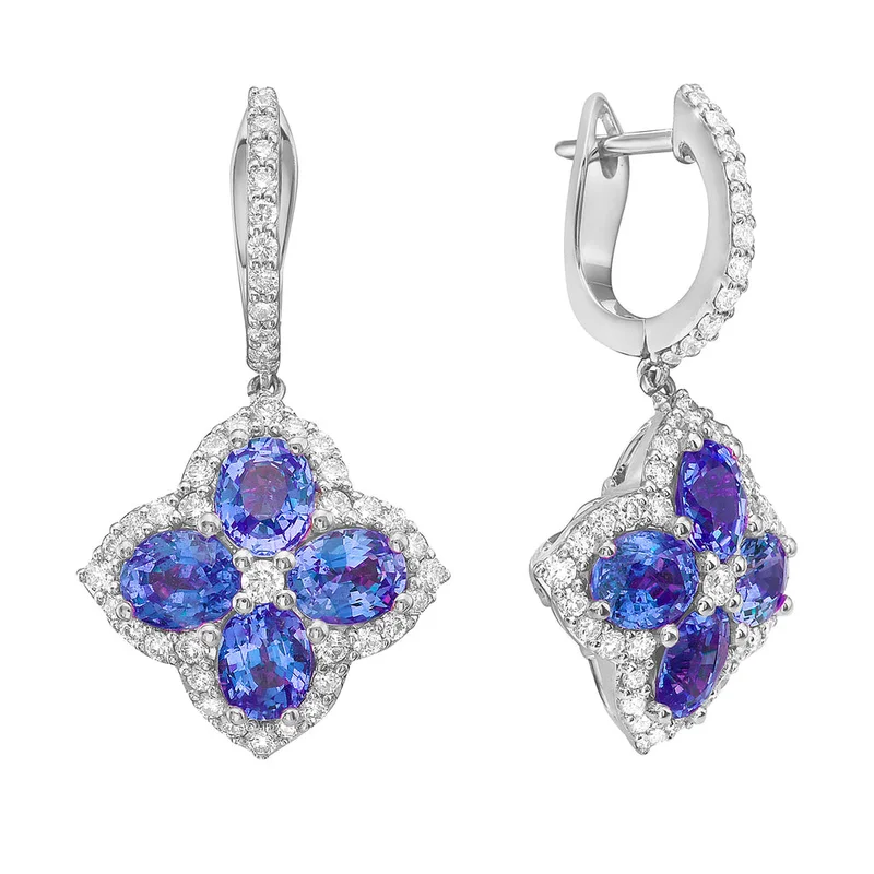 14KWG 3.50CTW SAPPHIRE AND 0.66CTW BR DIA FLOWER HALO DANGLE EARRINGS