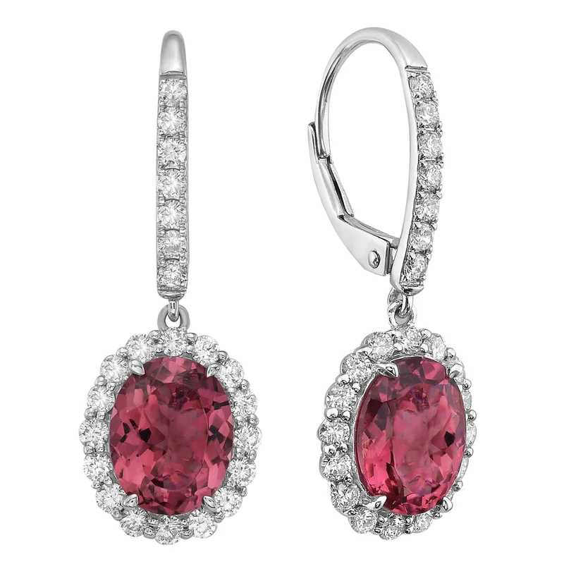 14KWG 3.59CTW PINK TOURMALINE AND 0.91CTW BR DIA HALO DANGLE EARRINGS
