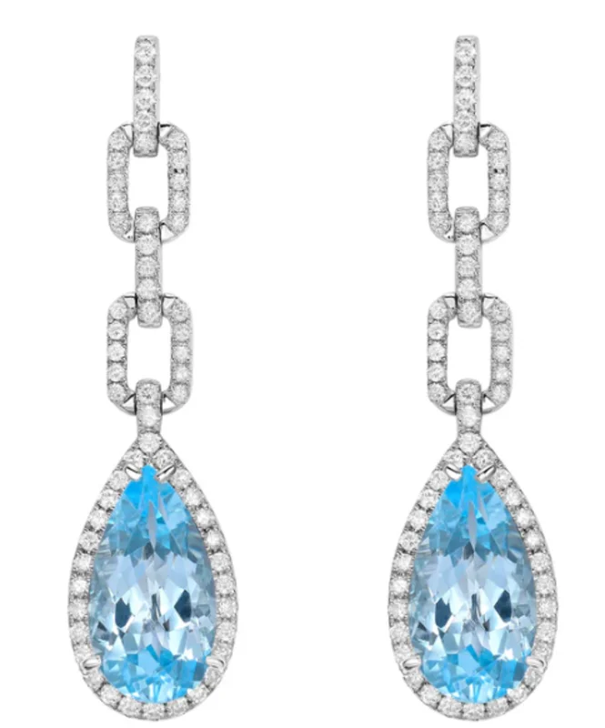 14KWG 9.92CTW SKY BLUE TOPAZ AND 1.10CTW BR DIA CHAIN LINK DROP EARRINGS