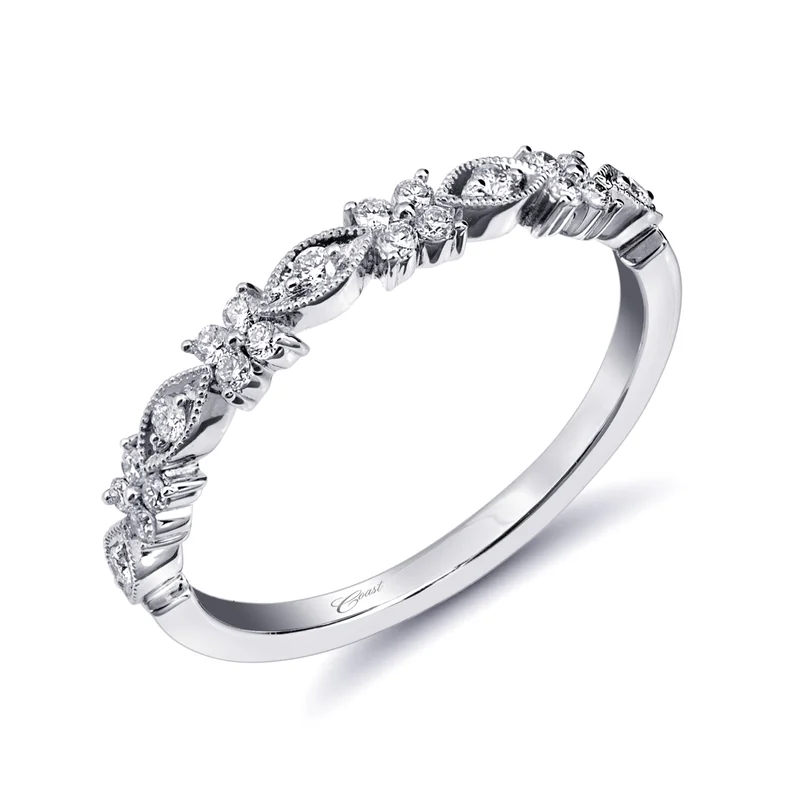 14KWG BR 0.18CTW DIA FLORAL PATTERNED MILGRAIN BAND.