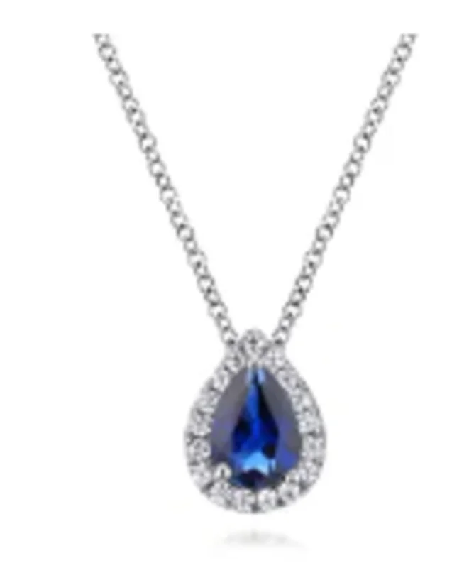 14KWG PS 1.04CT SAPPHIRE BR 0.16CTW HALO NECKLACE. S# S1074414  18" LENGTH