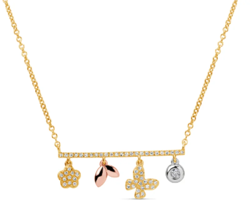 14KY/W/RG 0.17CTW BR DIA BAR W 4 CHARMS NECKLACE