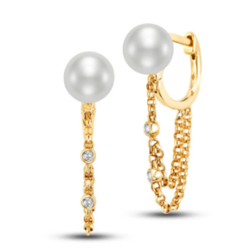 14KYG 0.032CTW 7-7.5MM HOOP EARRINGS WITH DANGLING CHAIN