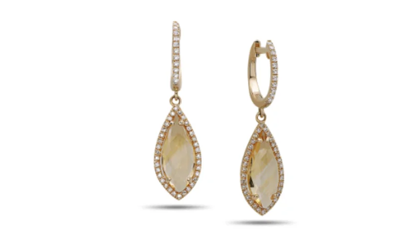 14KYG 0.24CTW BR DIA 2.73CTW CITRINE MARQUISE HALO DANGLE EARRING