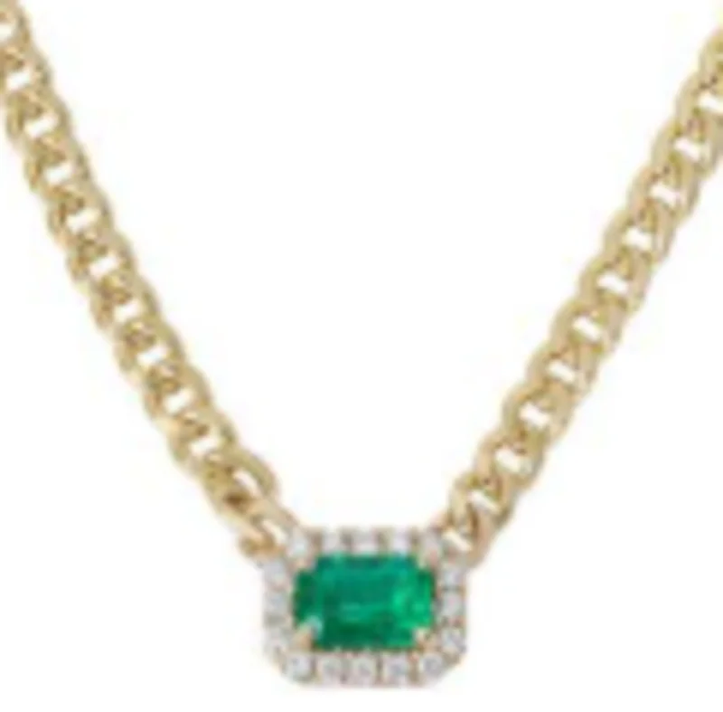 14KYG 0.55CTW EMERALD AND 0.24CTW BR DIA HALO CHAIN NECKLACE