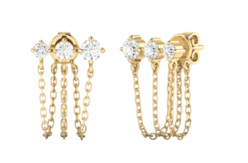14KYG 0.75CTW BR LAB DIA THREE STONE TRIPLE CHAIN EARRINGS