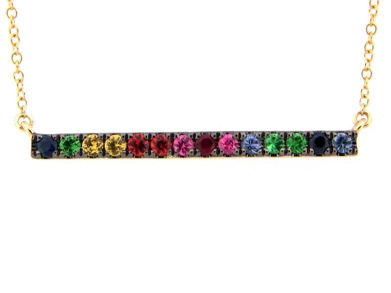 14KYG 0.87CTW BR RAINBOW SAPPHIRE, RUBY AND TSAVORITE BAR NECKLACE