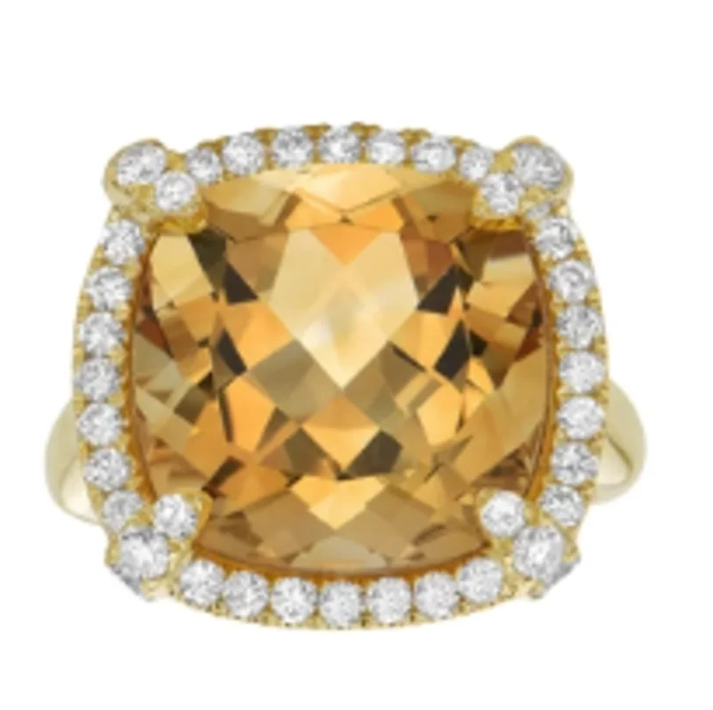 14KYG 10.55CT CINTRINE AND 0.72CTW BR DIA HALO AND DIA PRONG RING