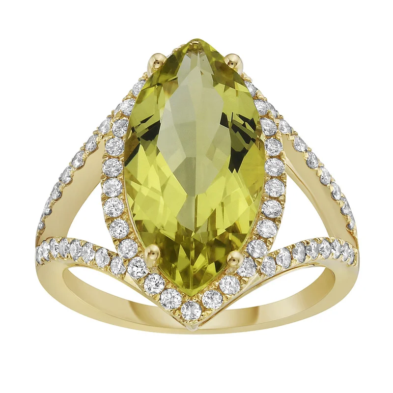 14KYG 4.55CT GOLD GREEN QUARTZ AND 0.52CTW BR DIA MQ HALO W SPLIT SHANK RING