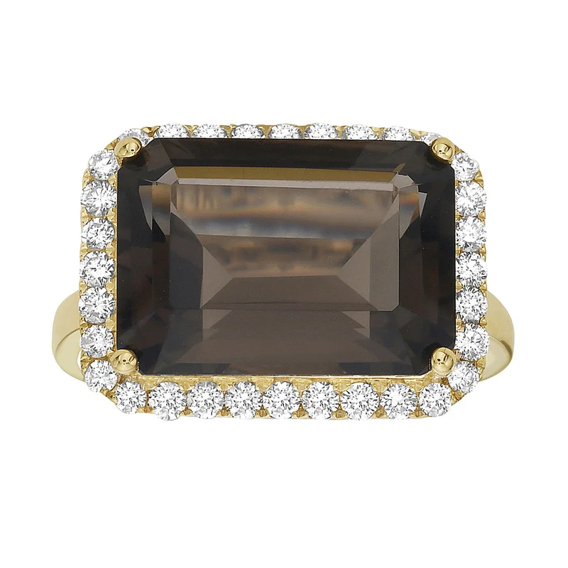 14KYG 6.61CT SMOKEY QUARTZ AND 0.46CTW BR DIA HALO RING
