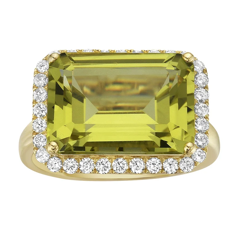 14KYG 6.88CTW GOLD GREEN QUARTZ AND 0.46CTW BR DIA HALO RING