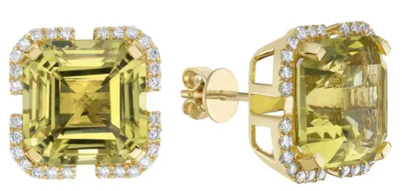 14KYG 9.21CTW GOLD GREEN QUARTZ AND 0.30CTW B R DIA HALO EARRINGS