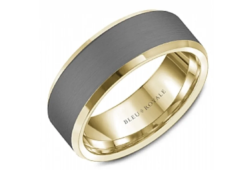 14KYG AND TANTALUM GREY 8MM SANDPAPER CENTER AND HIGH POLISH EDGES MENS BAND SIZE 7.75