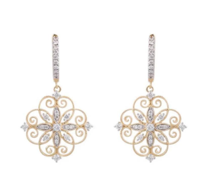 14KYG BR 0.54CTW DIA FILLIGREE OPEN DESIGN W/MILGRAIN DROP EARRINGS.