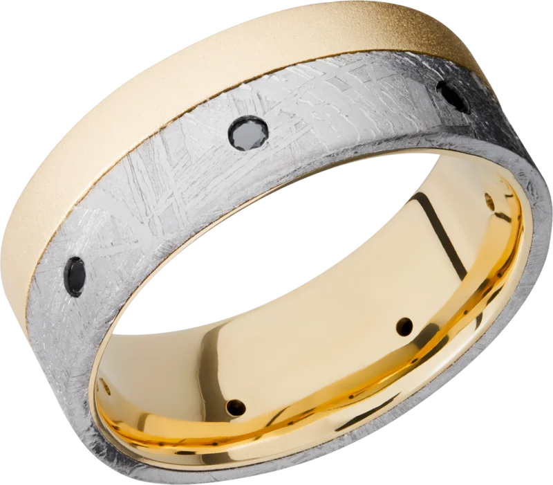 18k yellow gold 8mm flat band with one inlay that is 5mm wide set off center all the way to one edg