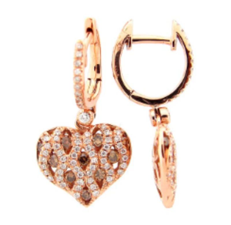 18KRG 0.86CTW BR BRWN AND WHT DIA HEART DANGLE EARRINGS
