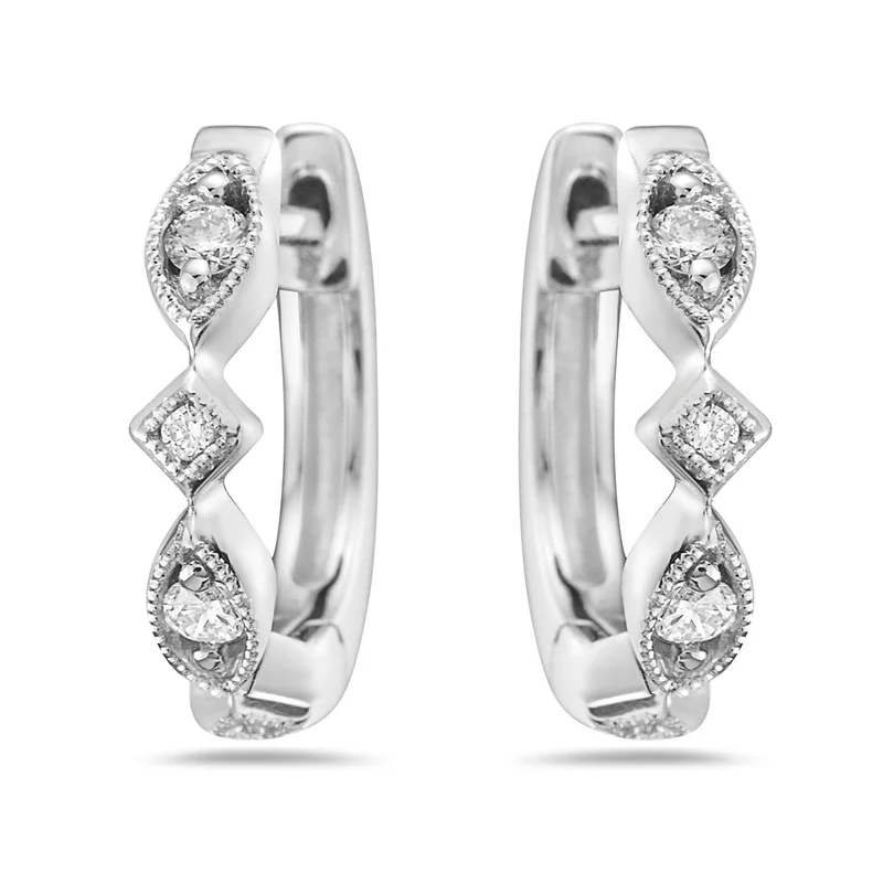 18KWG 0.14CTW BR DIA MIXED SHAPE MILGRAIN HUGGIE HOOP EARRINGS