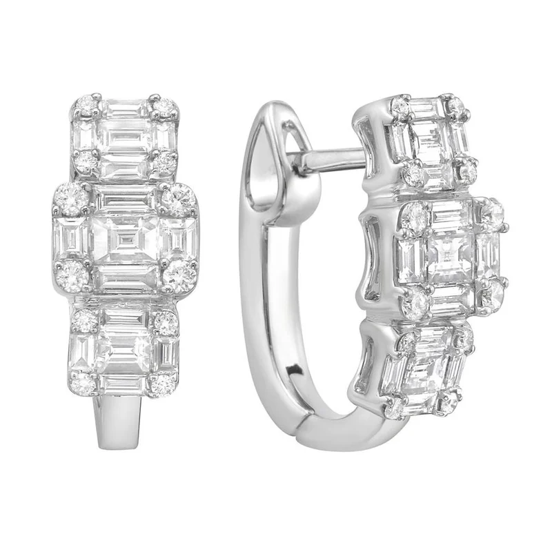 18KWG 1.15CTW BR AND BAG DIA THREE STATION HOOP EARRINGS