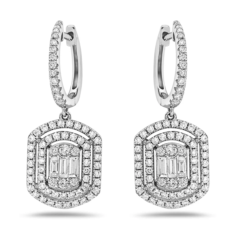 18KWG 1.33CTW BR AND BAG DIA DBL HALO DANGLE EARRINGS