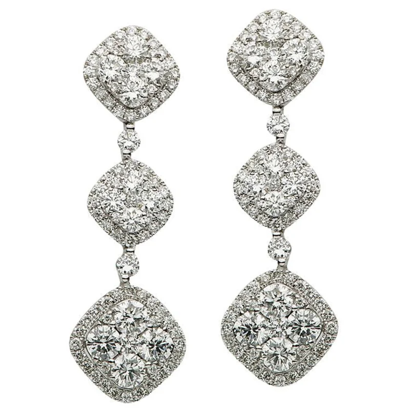 18KWG 2.60CTW BR DIA THREE STATION CLUSTER HALO DROP EARRINGS