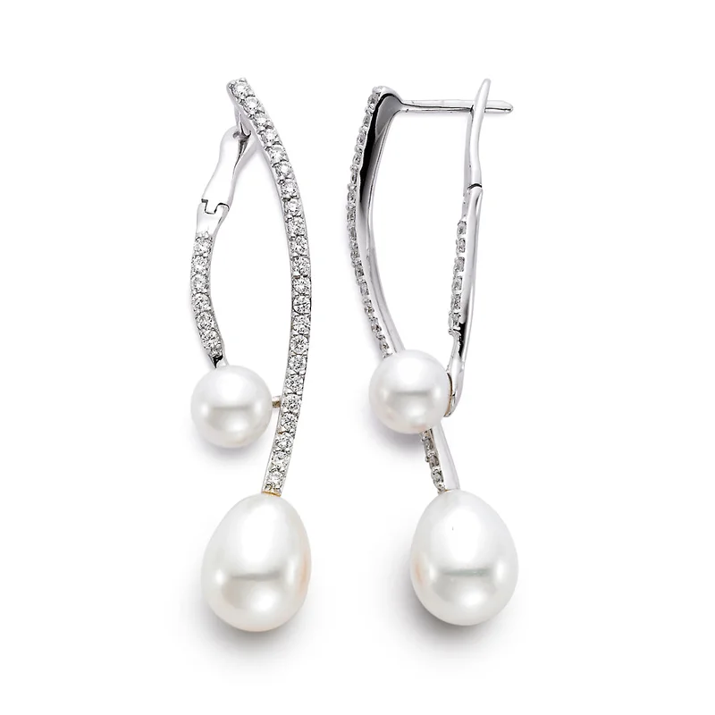 18KWG BR 0.60CT DIA/ 6.5-9MM CULTURED  PEARL DANGLE EARRINGS