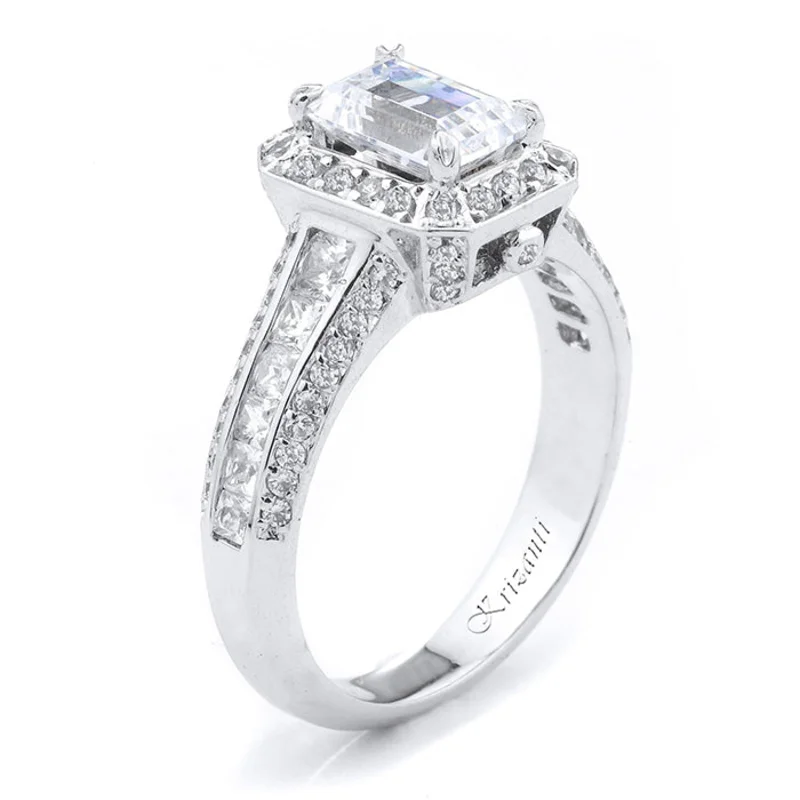 18KWG BR 0.88CTW DIA EC HALO, W/PAVE & CHANNEL SET PR CUT SIDE ENG RING.  7.5X5.5 CENTER EC