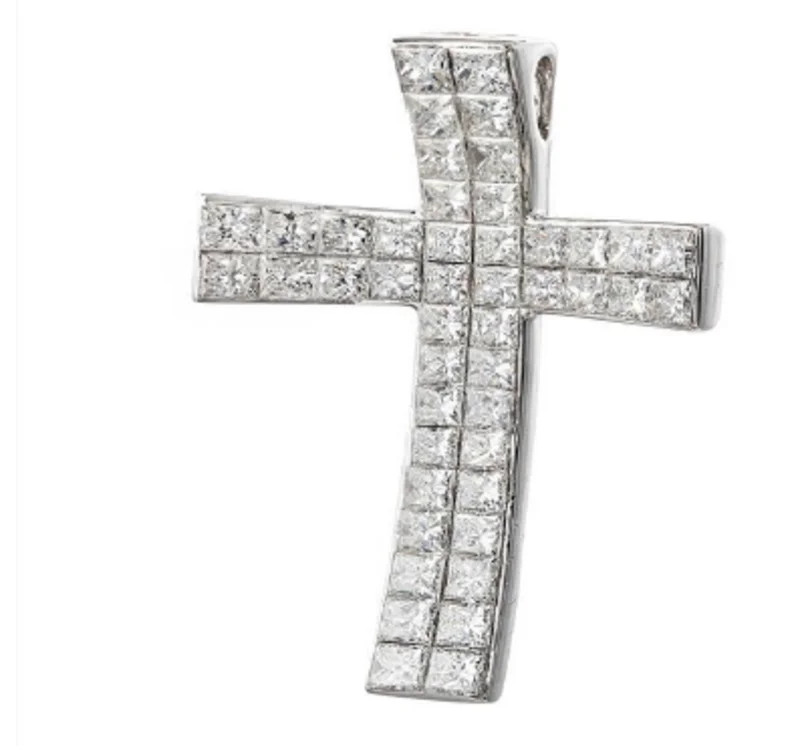 18KWG PR CHANNEL CROSS PENDANT 46 PR 2.77CTW  14KWG 1.1MM DC CABLE CHAIN 18"