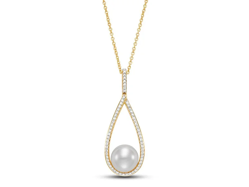 18KYG 0.26CTW 9-9.5MM PEARL OPEN-STYLE DROP PENDANT NECKLACE