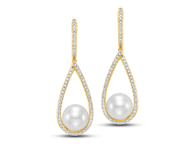 18KYG 0.35CTW 7.5-8MM PEARL OPEN-STYLE DROP EARRINGS