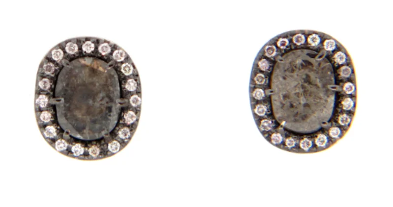 18KYG 0.82CTW BRWN SLICE W 0.15CTW BR DIA HALO EARRINGS