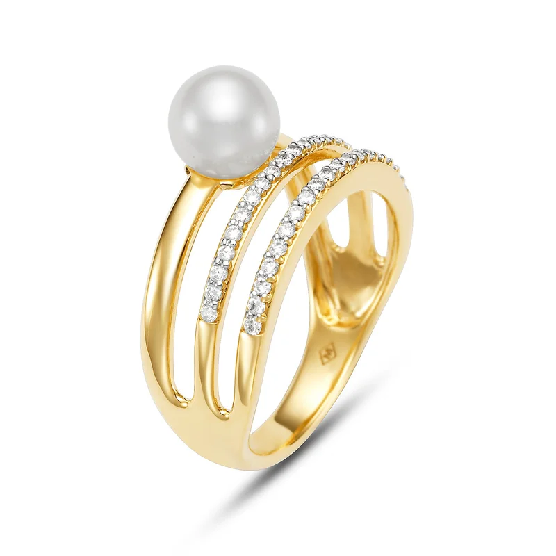 18KYG 6.5-7MM FRESHWATER PEARL & MULTI ROW 0.26CTW DIA FASHION RING.