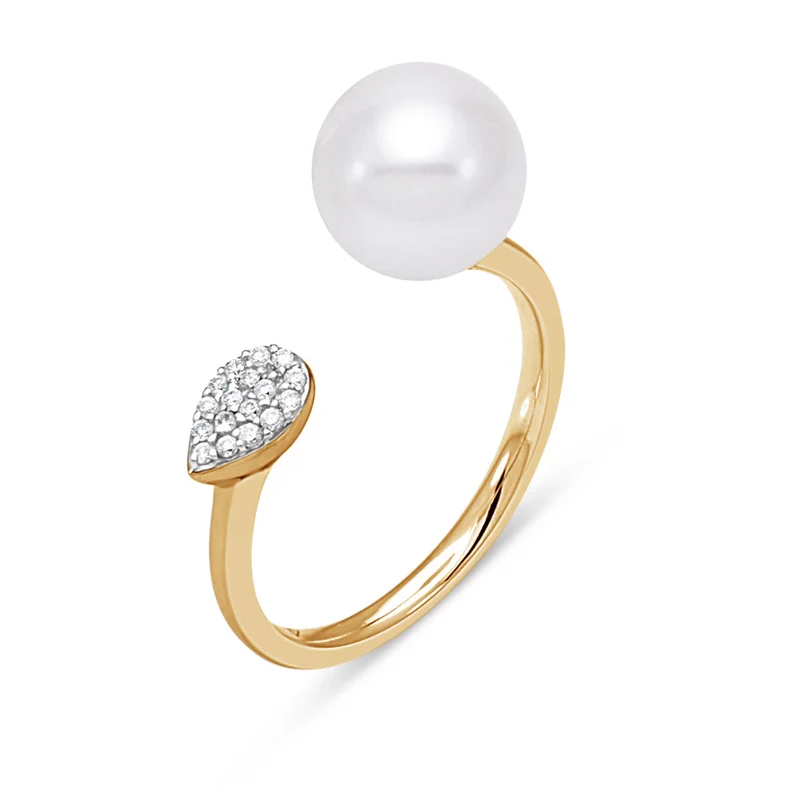 18KYG 9-9.5MM CULTURED PEARL & BR 0.07 CTW DIA FASHION RING.